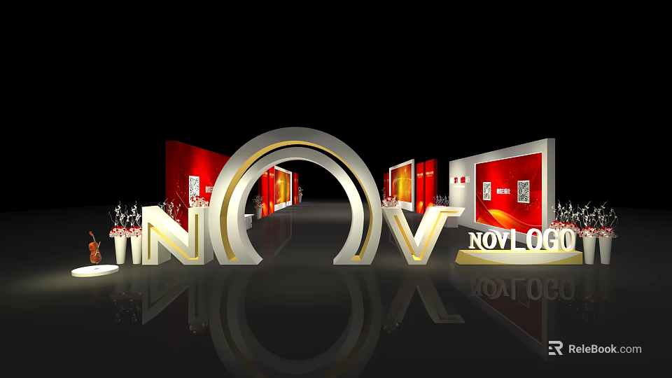 Branded Stage Design With NOVI Logo Red Backdrops And Arch Structure 3d model