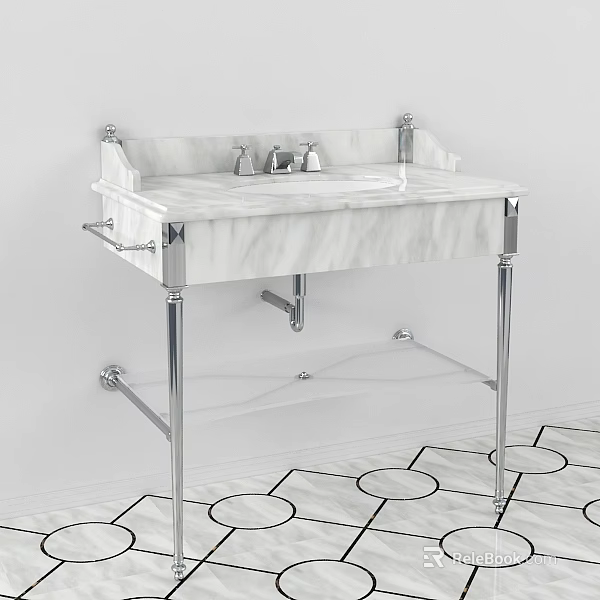 Elegant White Marble Vanity With Chrome Metal Legs And Double Faucets Design 3d model 