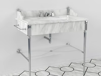 Elegant White Marble Vanity With Chrome Metal Legs And Double Faucets Design 3d model