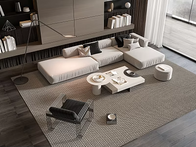 Modern Sofa and Coffee Table Set in Living Room with Beige Upholstery Rug Floor Lamp and Bookshelf 3d model