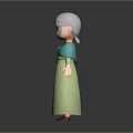 3D Elderly Woman Character With White Hair Green Dress And Turquoise Shawl Holding Cane Standing