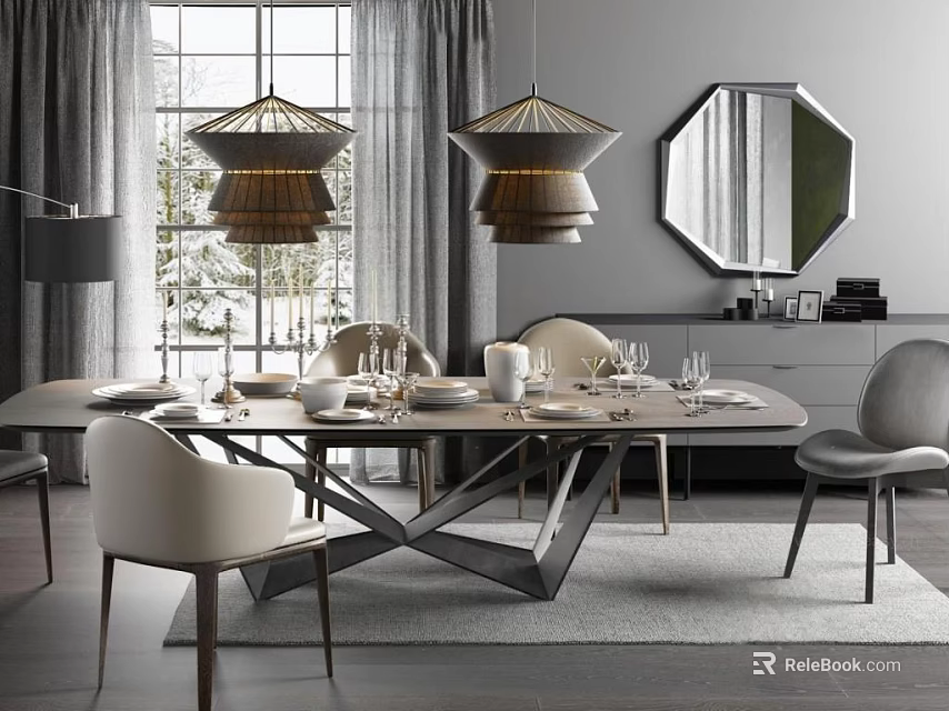 Modern Luxury Dining Table Set With Chairs Pendant Lights Mirror And Tableware In Gray Tones 3d model 