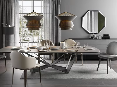Modern Luxury Dining Table Set With Chairs Pendant Lights Mirror And Tableware In Gray Tones 3d model