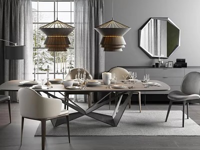 Modern Luxury Dining Table Set With Chairs Pendant Lights Mirror And Tableware In Gray Tones 3d model