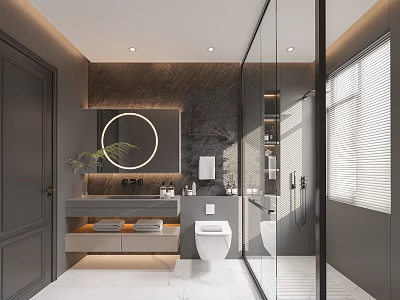 Modern Bathroom With Round Mirror Stone Wall And Glass Partition 3d model