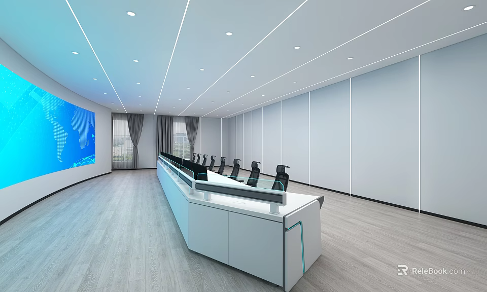 Modern Control Room Featuring Long Console Desk Large Screen World Map And Bright Lighting 3d model 