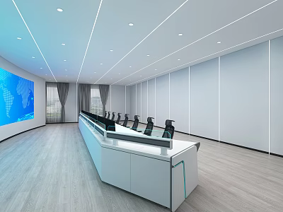 Modern Control Room Featuring Long Console Desk Large Screen World Map And Bright Lighting 3d model