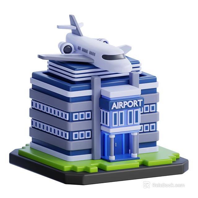 Blue And White Airport Model With Airplane On Building Green Base Structure 3d model 