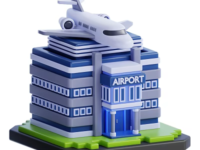 Blue And White Airport Model With Airplane On Building Green Base Structure 3d model