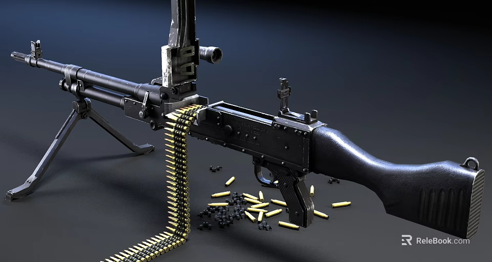 Detailed Tactical Machine Gun With Bullet Chain Tripod And Scattered Bullets 3d model 