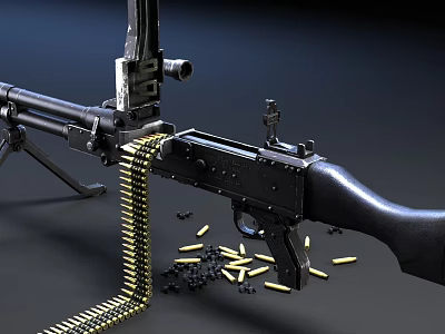 Detailed Tactical Machine Gun With Bullet Chain Tripod And Scattered Bullets 3d model