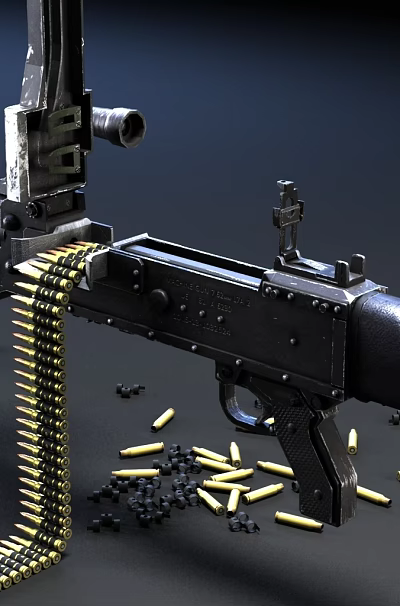 Detailed Tactical Machine Gun With Bullet Chain Tripod And Scattered Bullets 3d model