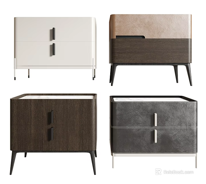 Modern Bedside Tables With Wooden Leather Drawers And Metal Legs 3d model 