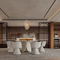 Modern Restaurant Interior With Open Concept Round Dining Table White Chairs And Pendant Light 3d model
