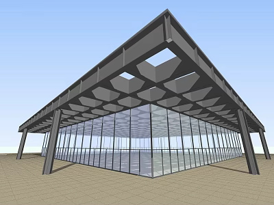 Modern Industrial Building With Black Steel Roof Open Structure And Large Glass Windows 3d model