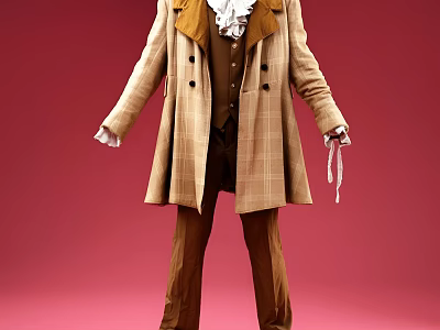 Vintage Plaid Long Coat Outfit with Vest Shirt Bow Tie Brown Pants on Red Background 3d model