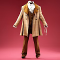 Vintage Plaid Long Coat Outfit with Vest Shirt Bow Tie Brown Pants on Red Background