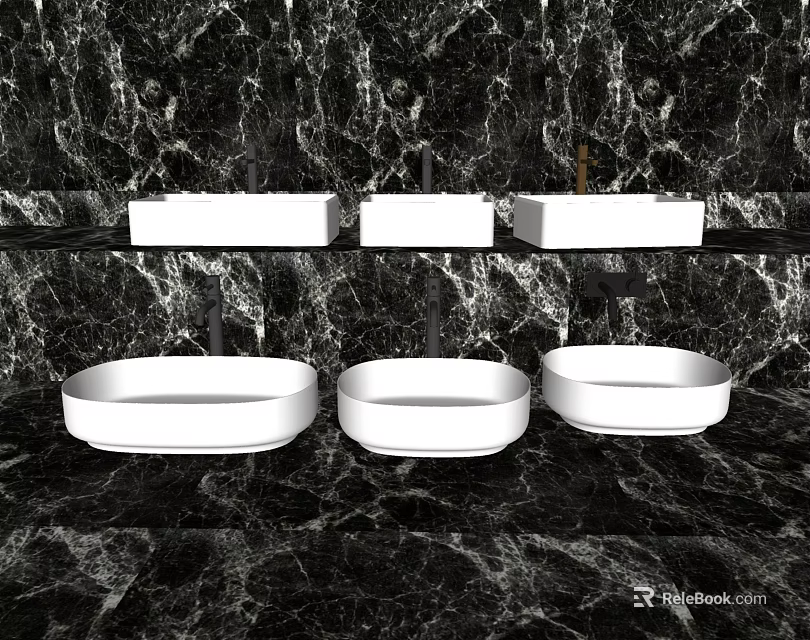 Three Elegant Modern White Washbasins on Black Marble Bathroom Countertop 3d model 