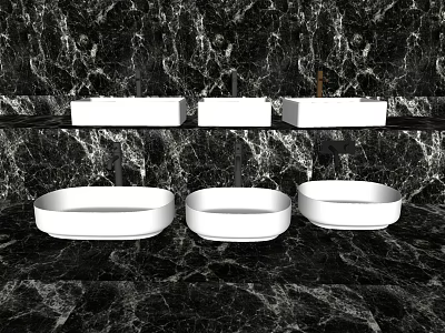 Three Elegant Modern White Washbasins on Black Marble Bathroom Countertop 3d model