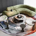 Modern Green Curved Sofa and Coffee Table Set with Colorful Round Rug and Patterned Chairs