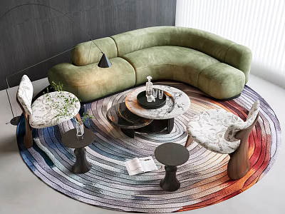 Modern Green Curved Sofa and Coffee Table Set with Colorful Round Rug and Patterned Chairs 3d model