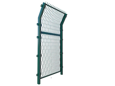 Green Metal Security Fence With Diamond Mesh Design And Spiked Top Supported By Vertical Posts 3d model