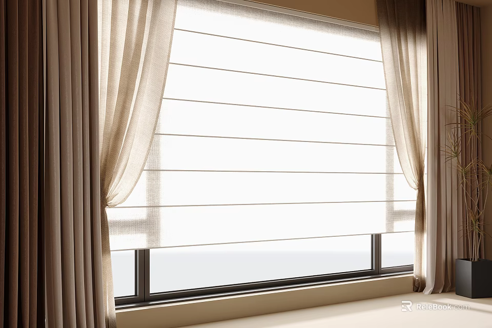Elegant Modern Window Interior With Beige Curtains And Roman Blinds Design Style 3d model 