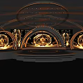 Modern Ballroom With Circular Stage Golden Lighting And Curved Decorative Structures