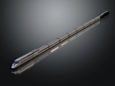 Silver High Speed Train With Streamlined Front Long Body Lights And Reflection On Black Background 3d model