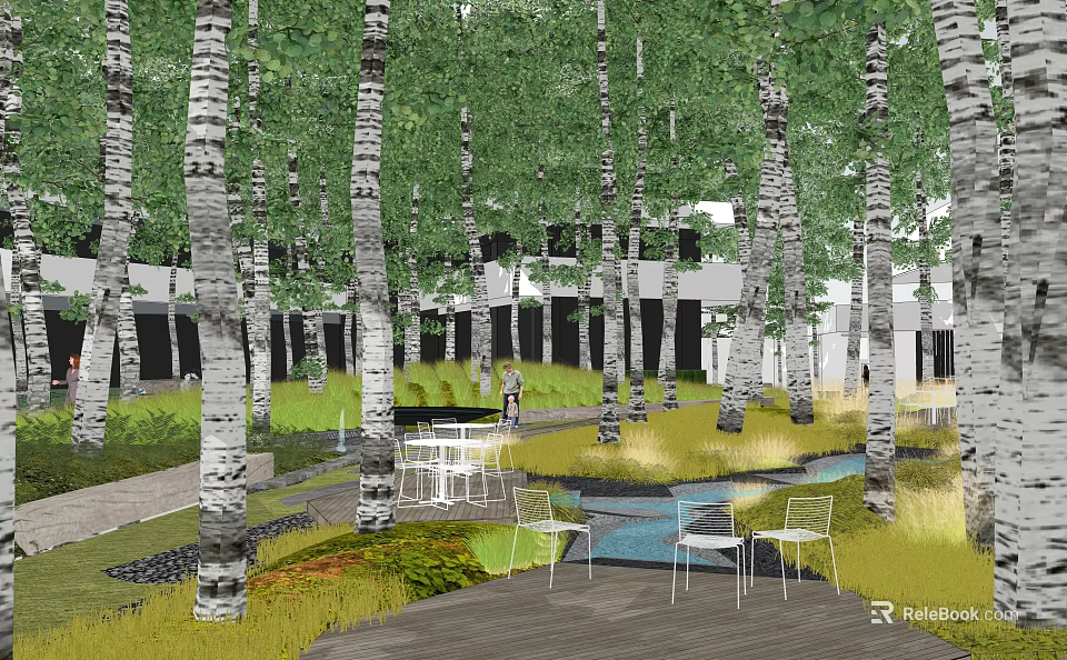 Birch Tree Surrounded Natural Campsite With Outdoor Tables Chairs Lush Grass And Scenic Path 3d model 