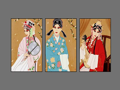 Traditional Chinese Opera Character Paintings With Vibrant Costumes Intricate Headpieces And Musical Props 3d model