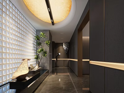 Modern Luxury Hotel Corridor Interior With Glass Brick Wall Greenery And Warm Ambient Lighting 3d model