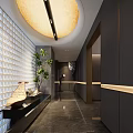 Modern Luxury Hotel Corridor Interior With Glass Brick Wall Greenery And Warm Ambient Lighting