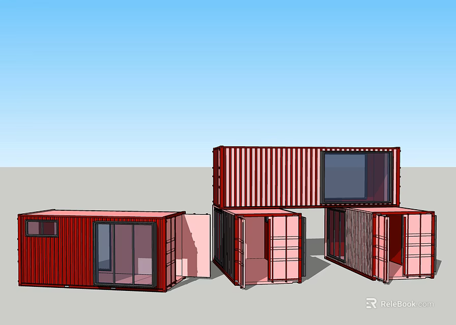 Modern Red Shipping Container Building With Stacked Modular Design And Windows 3d model