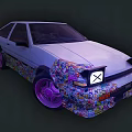 Stylish Two Door Sports Car With Colorful Floral Patterns And Pink Wheels On White Body