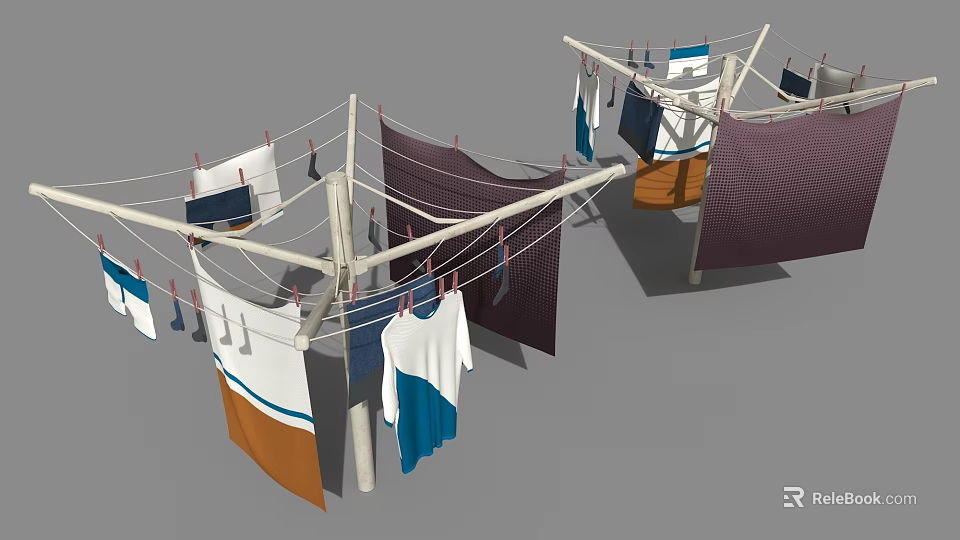 Home Laundry Drying Racks With Hanging Colorful T Shirts Towels And Clothespins 3d model 