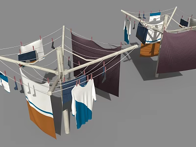 Home Laundry Drying Racks With Hanging Colorful T Shirts Towels And Clothespins 3d model