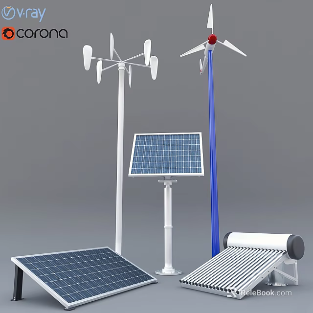 Renewable Energy Building Components Including Solar Panels Wind Turbines And Solar Water Heaters 3d model 