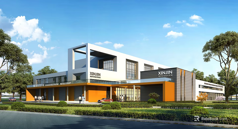 Modern Industrial Factory Building With White And Orange Facade XINJUN Signage Green Plants And Road 3d model 