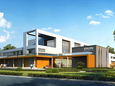 Modern Industrial Factory Building With White And Orange Facade XINJUN Signage Green Plants And Road 3d model