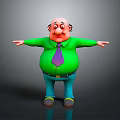 Chubby Elderly Man in Green Shirt Purple Tie Blue Pants with Arms Outstretched