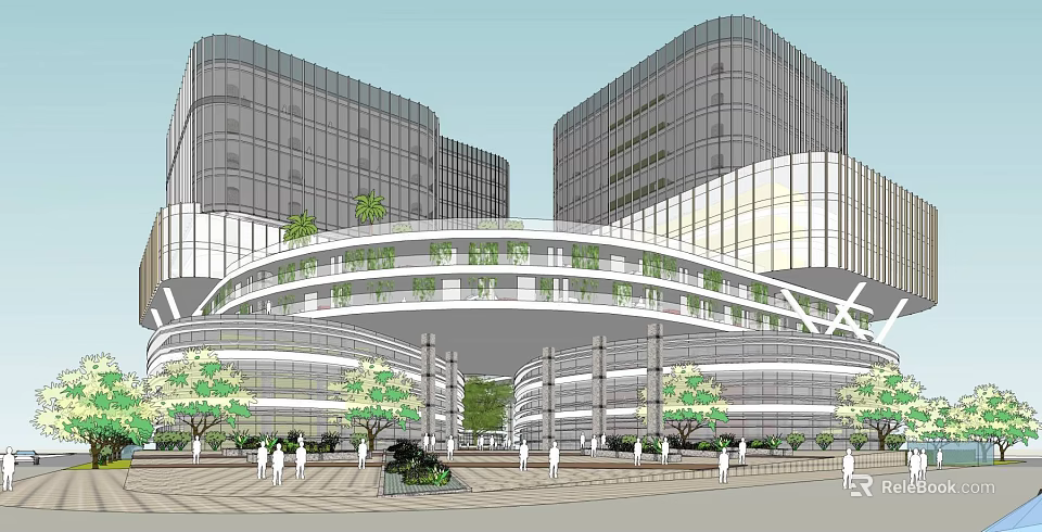 Modern Industrial Park With Glass Curtain Walls Connecting Walkway And Green Plaza 3d model 