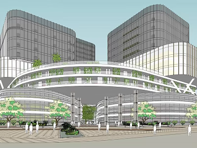 Modern Industrial Park With Glass Curtain Walls Connecting Walkway And Green Plaza 3d model