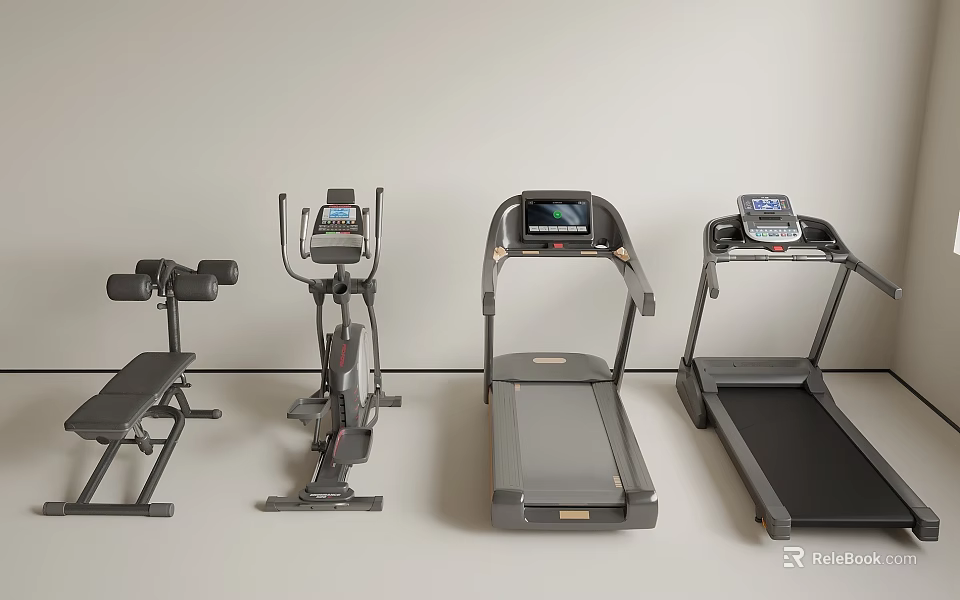 Different Types of Home Gym Sports Equipment Including Treadmill Elliptical Trainer and Dumbbell Bench 3d model 