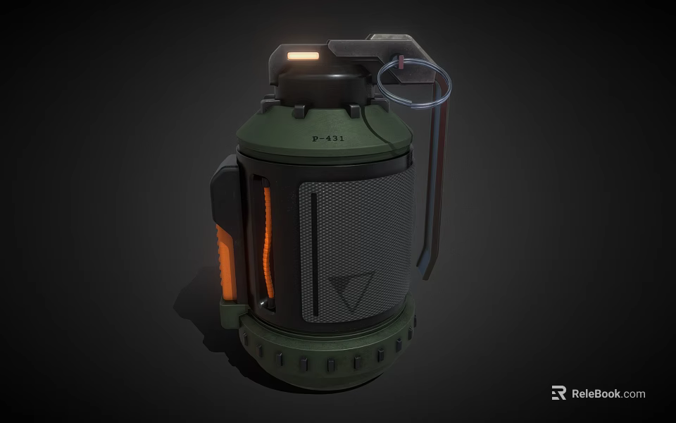 Tactical Green Grenade With Orange Accents Mesh Surface And Handle Design 3d model 