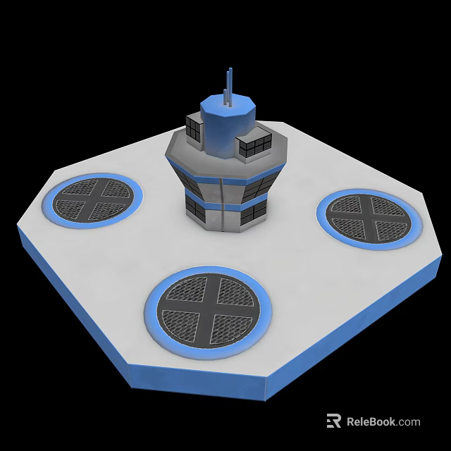Hexagonal Platform With Central Blue Gray Structure Top Antenna And Circular Cross Openings 3d model 