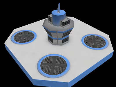Hexagonal Platform With Central Blue Gray Structure Top Antenna And Circular Cross Openings 3d model