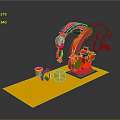 Red Robot Character From Game Movie With Mechanical Arm On Yellow Platform And Transparent Cube