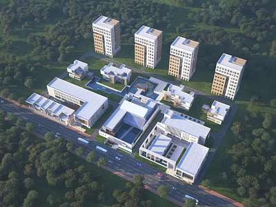 Aerial View Planning of Residential Complex With High Rise Low Rise Buildings Greenery and Roads 3d model