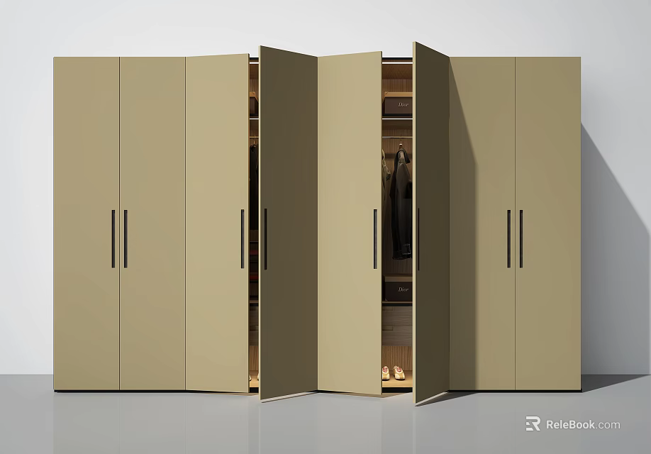 Modern Beige Wardrobe Design With Multiple Doors And Open Interior Storage Spaces 3d model